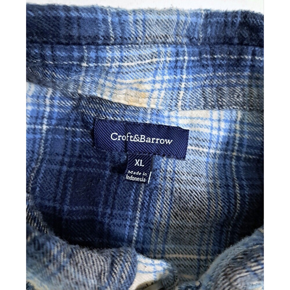 Croft Barrow Men's XL Flannel Plaid Button Up Shirt White Blue Tartan 90s Grunge - Picture 3 of 8
